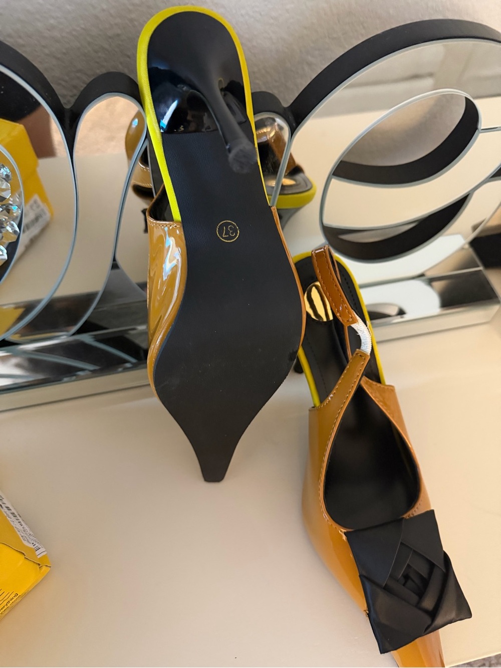 Patent Leather Pointed Toe Slingback Heels in Mustard Yellow